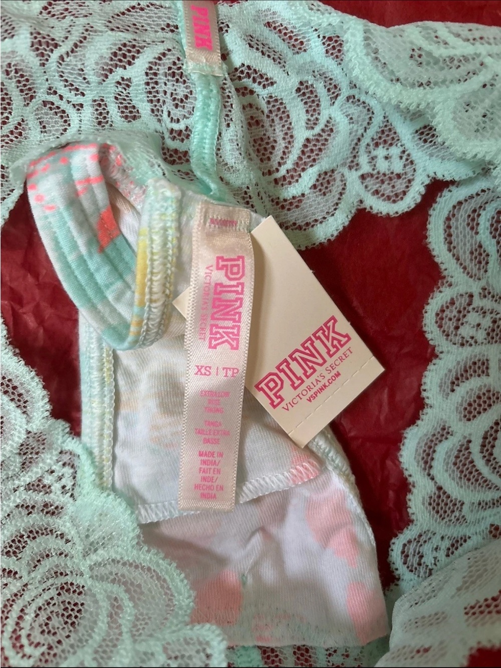 PINK Victoria's Secret Pastel Tie-Dye Thong with Mint Lace Waistband - Picture 3 of 3